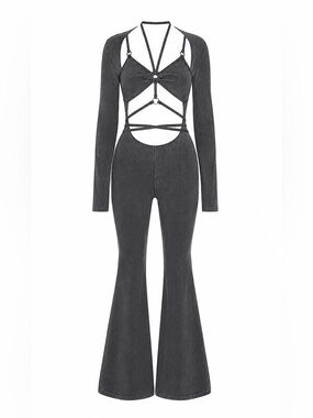 Darker Wavs Charcoal Strappy Cutout Flare Jumpsuit